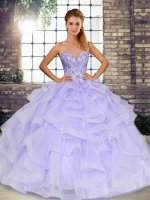 Floor Length Lace Up Quinceanera Dresses Lavender for Military Ball and Sweet 16 and Quinceanera with Beading and Ruffles