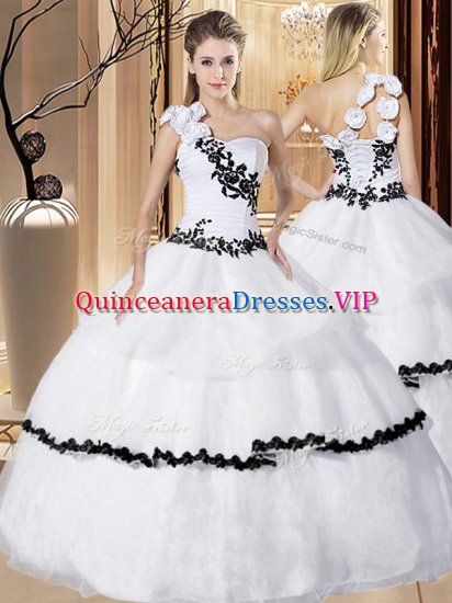 One Shoulder White Ball Gowns Appliques and Hand Made Flower Sweet 16 Dress Lace Up Organza Sleeveless Floor Length - Click Image to Close