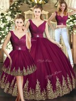 Eye-catching Burgundy Sleeveless Floor Length Beading and Appliques Backless 15th Birthday Dress(SKU SJQDDT1805007BIZ)