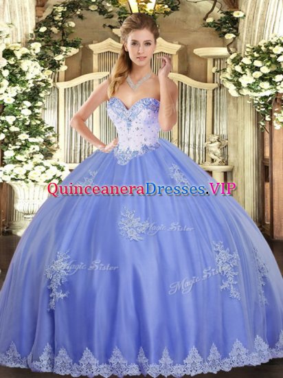 Romantic Sleeveless Tulle Floor Length Lace Up Vestidos de Quinceanera in Blue with Beading and Appliques - Click Image to Close