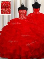 Red Sleeveless Floor Length Beading and Embroidery and Ruffles Lace Up 15th Birthday Dress