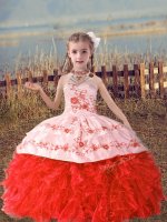 Best Coral Red Ball Gowns Beading and Embroidery and Ruffles Kids Pageant Dress Lace Up Organza Sleeveless Floor Length