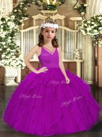 Wonderful Purple Little Girls Pageant Dress Party and Wedding Party with Ruffles V-neck Sleeveless Zipper