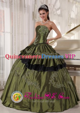 Wholesale Taffeta floor length Strapless Appliques beading Lace-up Olive Green Quedlinburg Quinceanera Dresses Party Style