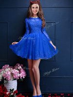 Royal Blue Scalloped Lace Up Beading and Lace and Appliques Quinceanera Court Dresses 3 4 Length Sleeve