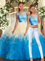 Scoop Sleeveless 15 Quinceanera Dress Floor Length Lace and Ruffles Multi-color Organza