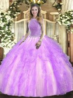 Elegant Beading and Ruffles 15 Quinceanera Dress Lavender Lace Up Sleeveless Floor Length