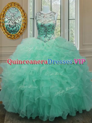 Scoop Sleeveless Sweet 16 Quinceanera Dress Floor Length Beading and Ruffles Apple Green Organza