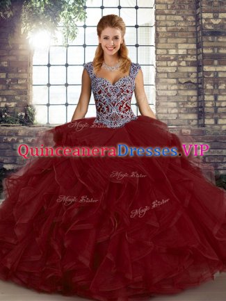Beauteous Wine Red Lace Up Straps Beading and Ruffles Quinceanera Gown Tulle Sleeveless