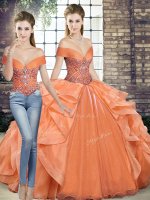 Orange Sleeveless Organza Lace Up Quinceanera Gown for Military Ball and Sweet 16 and Quinceanera