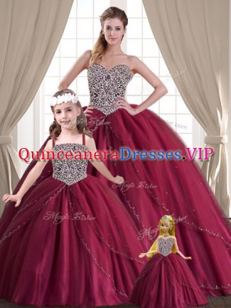 Great Red Ball Gowns Sweetheart Sleeveless Tulle Floor Length Lace Up Beading 15 Quinceanera Dress