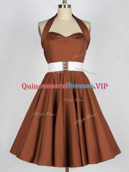 Brown A-line Taffeta Halter Top Sleeveless Belt Knee Length Zipper Dama Dress for Quinceanera - Click Image to Close