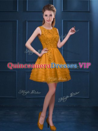 New Arrival Tulle Scoop Sleeveless Zipper Lace and Ruffled Layers Dama Dress for Quinceanera in Gold