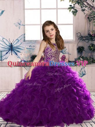New Style Floor Length Ball Gowns Sleeveless Eggplant Purple Kids Formal Wear Lace Up