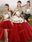 Floor Length Lace Up Quince Ball Gowns White And Red for Military Ball and Sweet 16 and Quinceanera with Embroidery