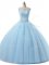 Floor Length Lace Up Ball Gown Prom Dress Light Blue for Military Ball and Sweet 16 and Quinceanera with Beading and Lace