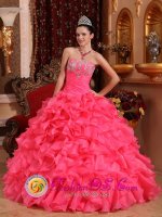 Exquisite Watermelon Red Ruffles Appliques With Beading Ruching Bodice Ball Gown Quinceanera Dress For In New Richmond Wisconsin/WI(SKU QDZY055-HBIZ)