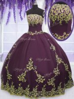 Purple Zipper Strapless Appliques Quinceanera Gowns Tulle Sleeveless