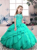Graceful Turquoise Lace Up Custom Made Pageant Dress Beading and Ruffled Layers Sleeveless Floor Length