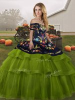 Olive Green Off The Shoulder Neckline Embroidery and Ruffled Layers 15th Birthday Dress Sleeveless Lace Up