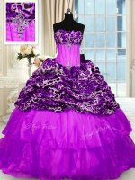 Pretty Printed Ruffled Ball Gowns Sleeveless Purple Quinceanera Gowns Sweep Train Lace Up