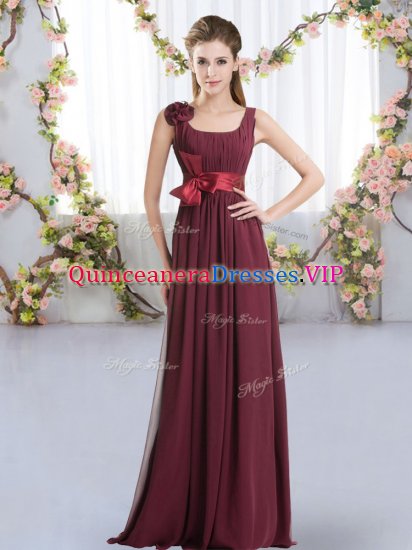 Designer Chiffon Straps Sleeveless Zipper Belt and Hand Made Flower Quinceanera Court of Honor Dress in Burgundy - Click Image to Close