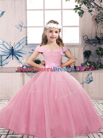 Off The Shoulder Sleeveless Child Pageant Dress Floor Length Lace and Bowknot Pink Tulle - Click Image to Close