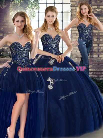 Three Pieces Quince Ball Gowns Navy Blue Sweetheart Tulle Sleeveless Floor Length Lace Up - Click Image to Close