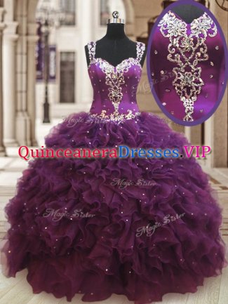 Trendy Dark Purple Straps Neckline Beading and Ruffles Quinceanera Gown Sleeveless Zipper