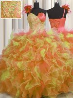 Inexpensive Handcrafted Flower Multi-color One Shoulder Neckline Beading and Ruffles and Hand Made Flower Quinceanera Gown Sleeveless Lace Up