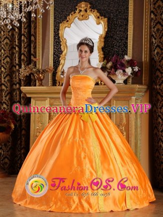 Salcedo Dominican Republic Embroidery and Bowknot For Beautiful Orange Quinceanera Dress Strapless Floor-length Satin