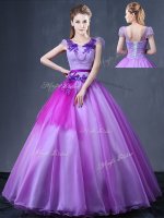 Floor Length Lavender Sweet 16 Quinceanera Dress V-neck Short Sleeves Lace Up