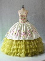Discount Sleeveless Floor Length Beading and Ruffled Layers Lace Up Ball Gown Prom Dress with Yellow Green