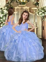Luxurious Blue Organza Lace Up Pageant Dress Womens Sleeveless Floor Length Ruffles