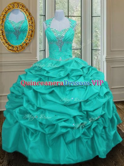 Trendy Pick Ups Straps Sleeveless Lace Up Sweet 16 Dresses Aqua Blue Taffeta - Click Image to Close