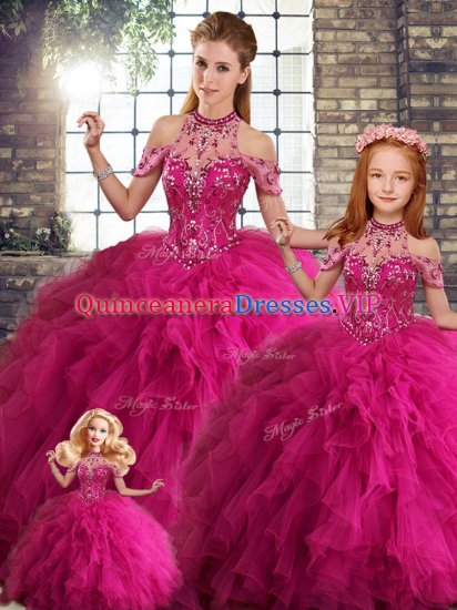 Admirable Fuchsia Vestidos de Quinceanera Military Ball and Sweet 16 and Quinceanera with Beading and Ruffles Halter Top Sleeveless Lace Up - Click Image to Close