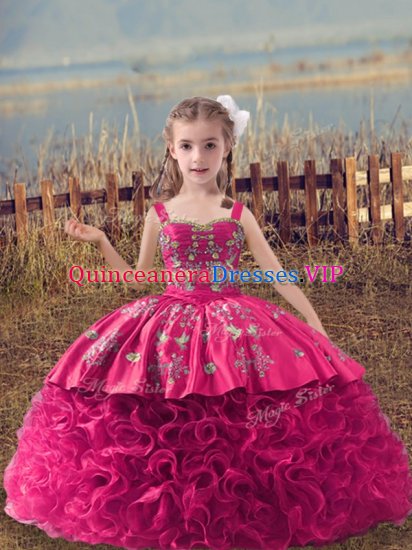 Hot Pink Ball Gowns Fabric With Rolling Flowers Straps Sleeveless Embroidery Lace Up Little Girls Pageant Gowns Sweep Train - Click Image to Close