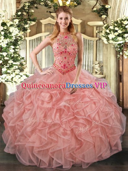 Super Peach Lace Up Quinceanera Dress Beading and Embroidery and Ruffles Sleeveless Floor Length - Click Image to Close
