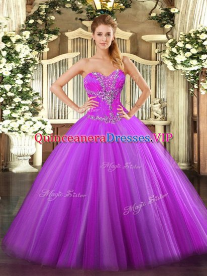 Fuchsia Tulle Zipper Quinceanera Gown Sleeveless Floor Length Beading - Click Image to Close