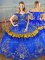 Blue Satin Lace Up Off The Shoulder Sleeveless Floor Length Quinceanera Gown Embroidery