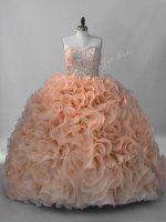 Discount Peach Fabric With Rolling Flowers Lace Up Sweet 16 Quinceanera Dress Sleeveless Brush Train Beading