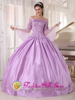 Pasadena California/CA Stylish Taffeta and Organza Lilac Off The Shoulder Long Sleeves Quinceanera Gowns With Appliques For Sweet 16