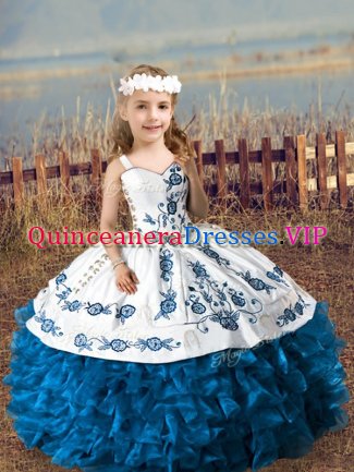 Floor Length Blue Little Girl Pageant Dress Straps Sleeveless Lace Up