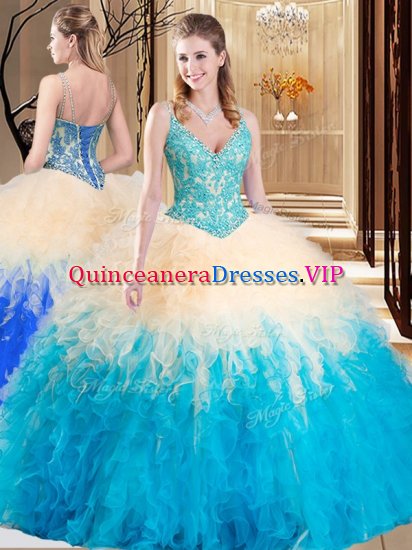 Comfortable Tulle Sleeveless Floor Length Sweet 16 Quinceanera Dress and Lace and Ruffles - Click Image to Close