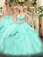 Stylish Aqua Blue Ball Gown Prom Dress Military Ball and Sweet 16 and Quinceanera with Beading and Ruffles Sweetheart Sleeveless Lace Up