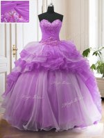 Purple Ball Gowns Sweetheart Sleeveless Organza Sweep Train Lace Up Beading and Ruffled Layers 15th Birthday Dress