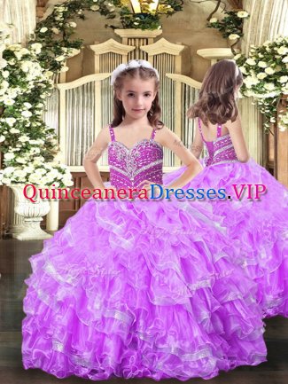 Lilac Organza Lace Up Little Girls Pageant Dress Wholesale Sleeveless Floor Length Beading and Ruffles