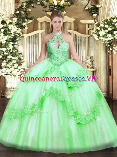 Shining Apple Green Sleeveless Appliques and Sequins Floor Length Quinceanera Dress - Click Image to Close