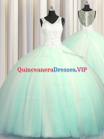 Big Puffy Zipper Up Apple Green Sleeveless Brush Train Beading and Appliques With Train Ball Gown Prom Dress - Click Image to Close