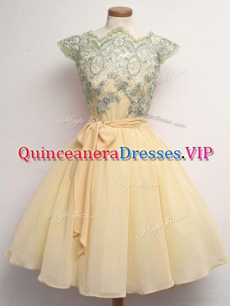 Champagne Chiffon Lace Up Quinceanera Dama Dress Cap Sleeves Knee Length Lace and Belt